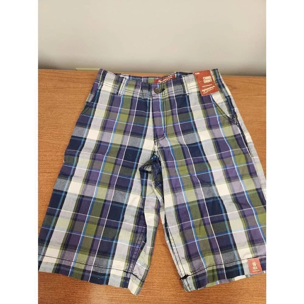 NWT Arizona Boys Purple Blue Plaid Flat Front Shorts, Sz 16 regular